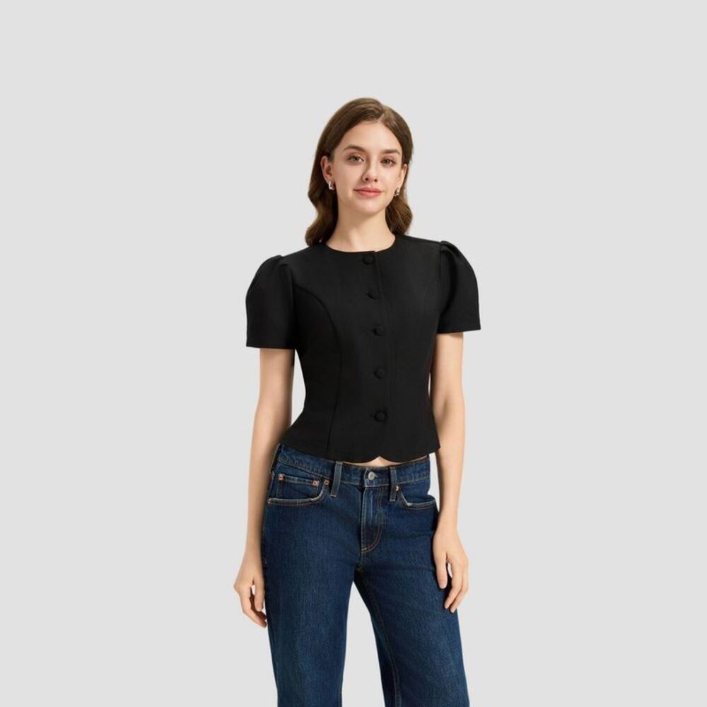 Women's Puff Short Sleeve Button-Front Blouse - A New Day Black XS